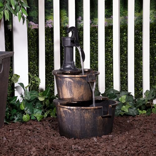 Alpine Company TIZ194BZ 27-Inch Rustic Bronze 2-Tier Barrel and Pump Outside Water Fountain, Classic Type