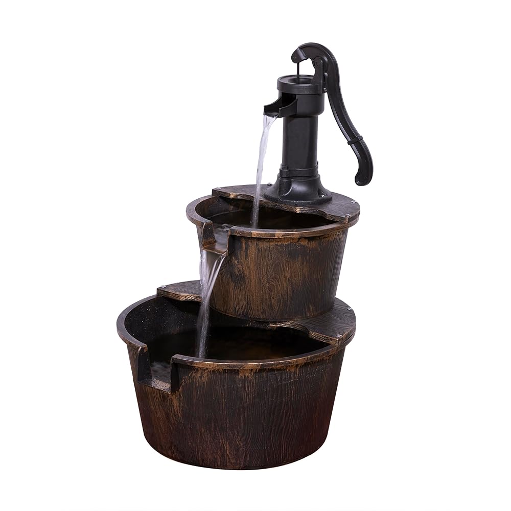 Alpine Company TIZ194BZ 27-Inch Rustic Bronze 2-Tier Barrel and Pump Outside Water Fountain, Classic Type