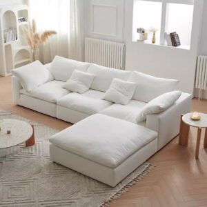 Modern Italian Modular White Cloud Couch Set – Cotton and Linen Cloth Sectional Furnishings