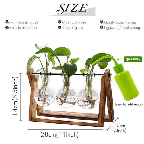 XXXFLOWER Plant Terrarium with Wood Stand - Retro Tabletop Air Planter Bulb Glass Vase with Metallic Swivel Holder for Hydroponics Residence Backyard Workplace Decor - 3 Bulb Vase